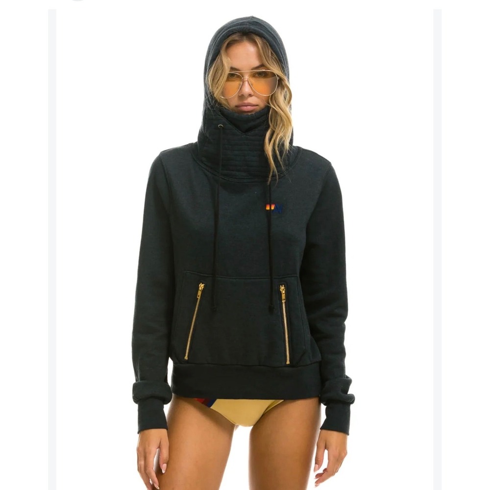 Aviator Nation Ninja Pullover Hoodie Womens Medium Charcoal Quilted Cowl Hood